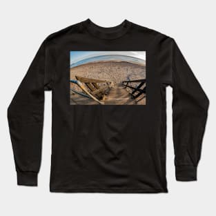 Fisheye view flooking dwon from the top of some wooden steps to Cromer beach Long Sleeve T-Shirt